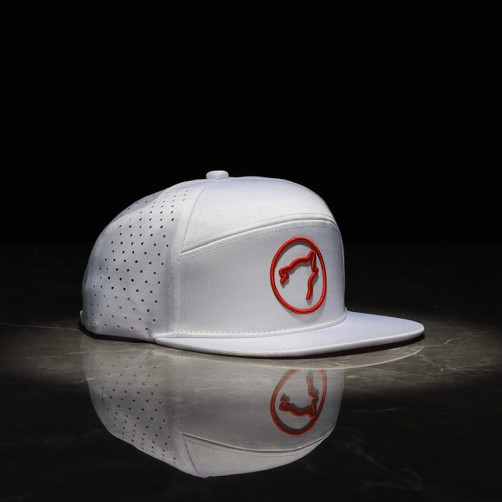 Flat Bill Snapback Hat Arctic White W/ Blood Orange Accents