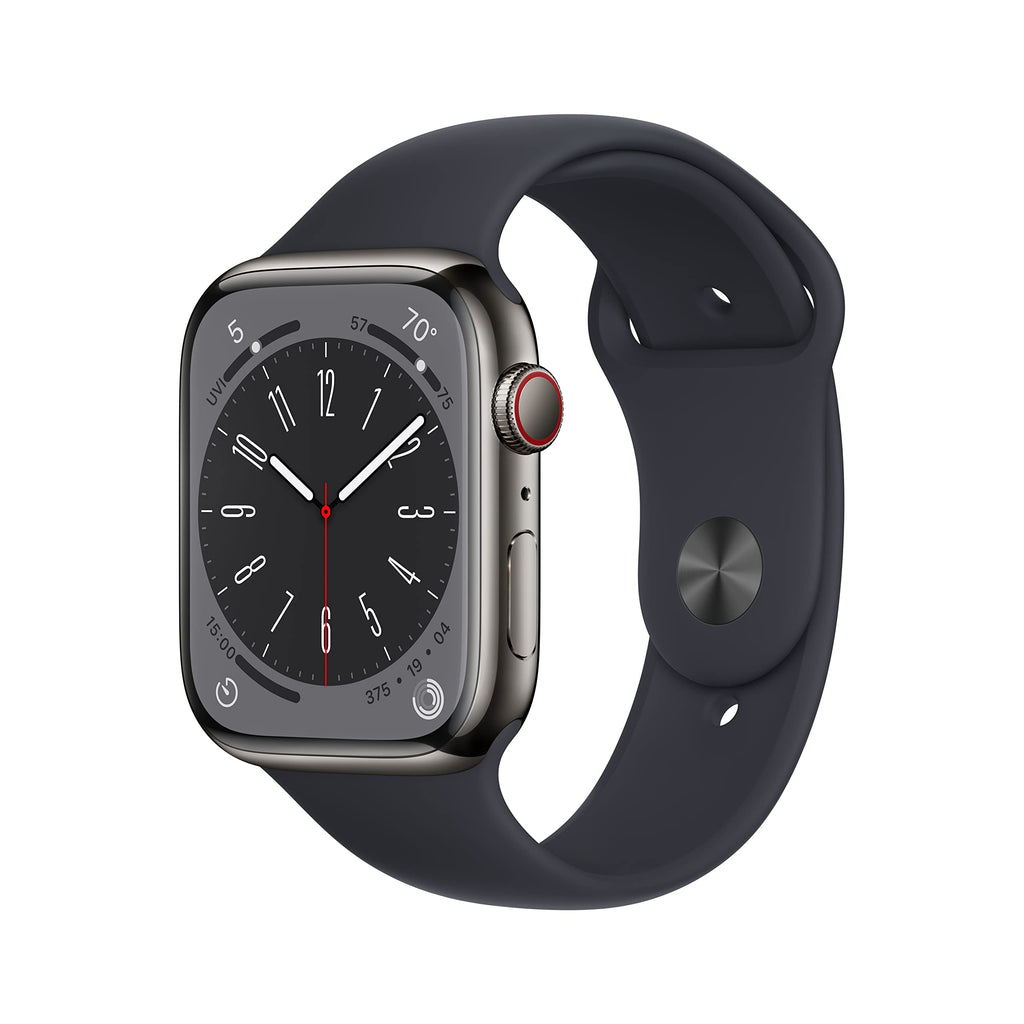 Apple Watch Series 8 GPS + Cell 45mm Graphite Stainless Steel Case w/ Midnight Sport Band - S/M - MNW13LL/A