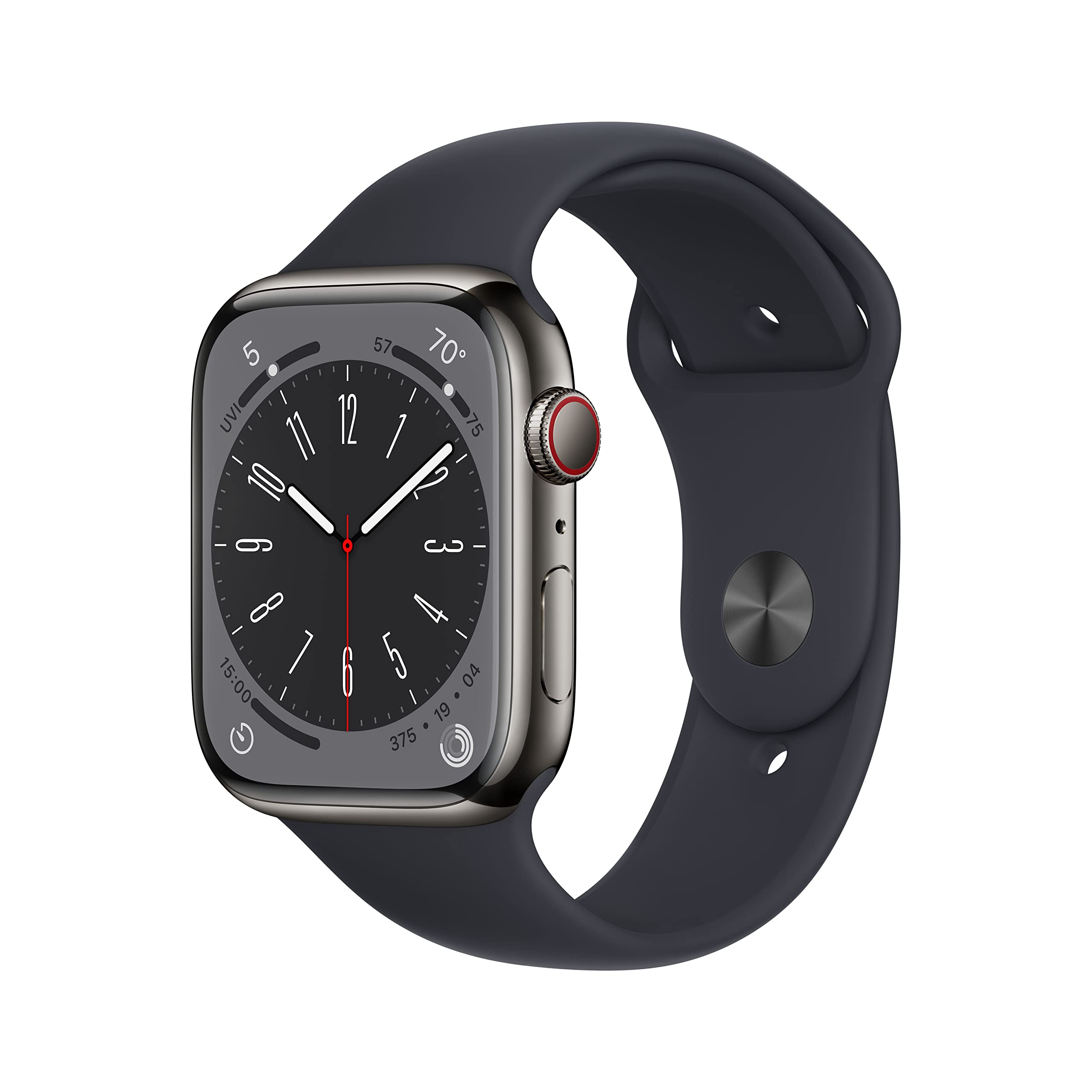 Apple Watch Series 8 GPS + Cell 45mm Graphite Stainless Steel Case w/ Midnight Sport Band - S/M - MNW13LL/A