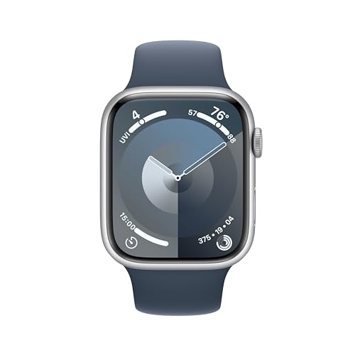 Apple Watch Series 9 (GPS + Cellular) 45mm Silver Stainless Steel Case with Storm Blue Sport Band - M/L - MRMP3LL/A