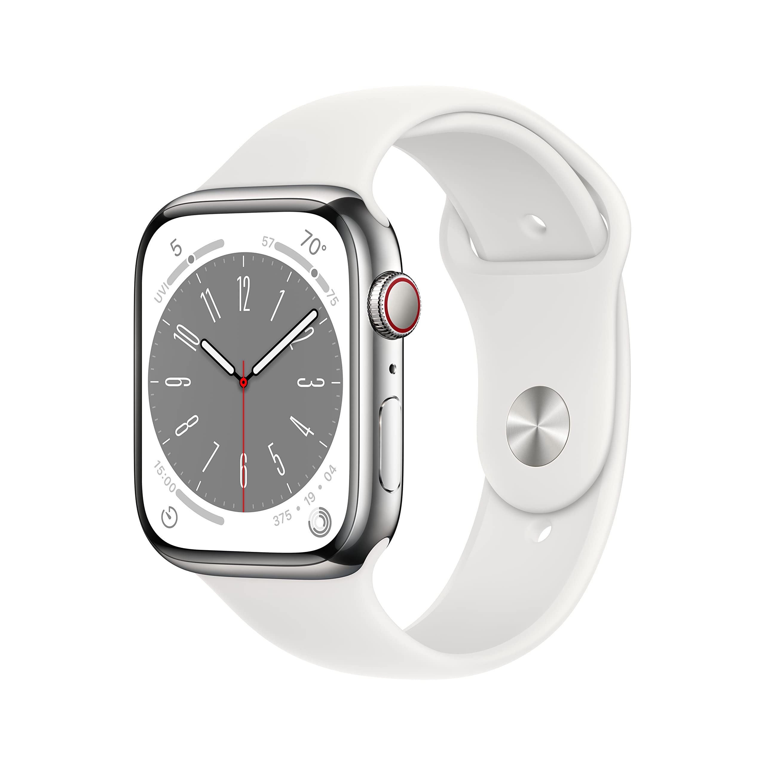 Apple Watch Series 8 GPS + Cellular 45mm Silver Stainless Steel Case with White Sport Band - M/L - MNVW3LL/A