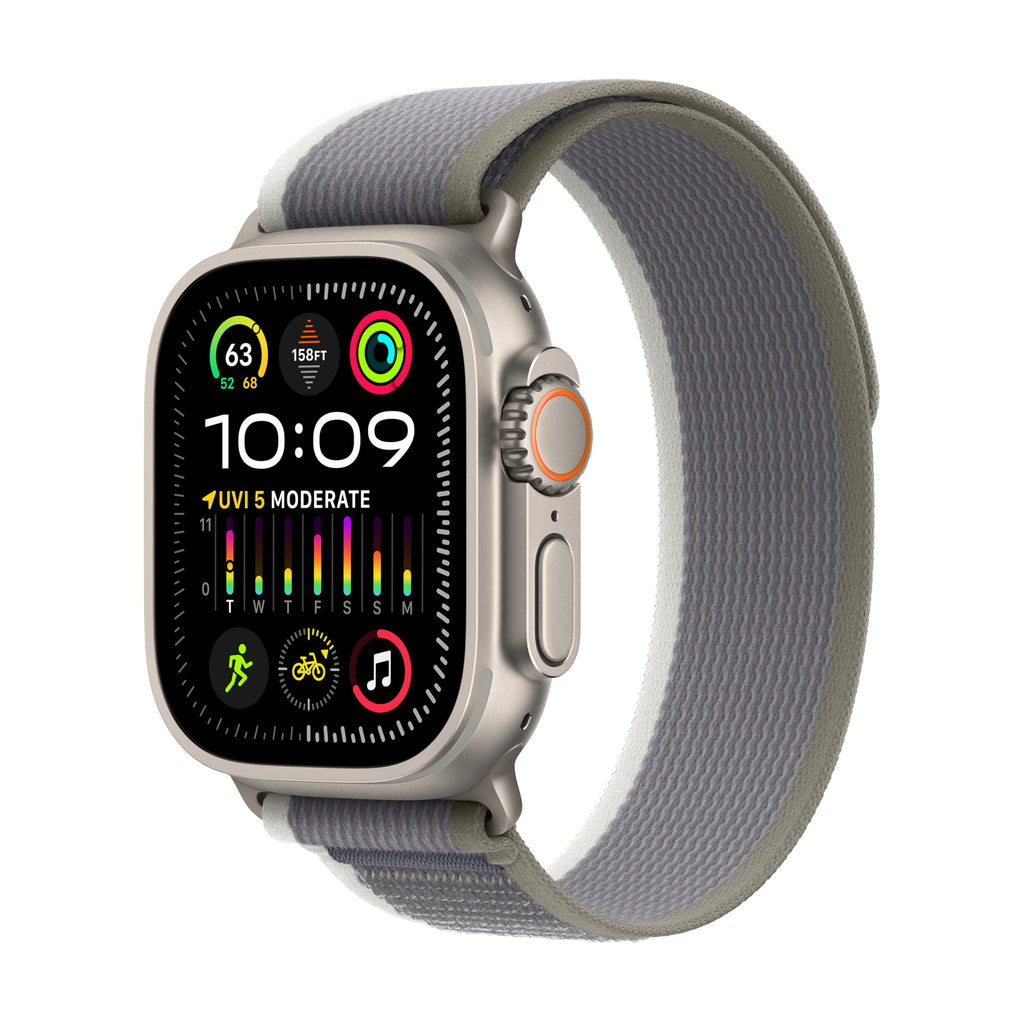 Apple Watch Ultra 2 (GPS + Cellular) 49mm Titanium Case with Green/Gray Trail Loop S/M - MRF33LL/A
