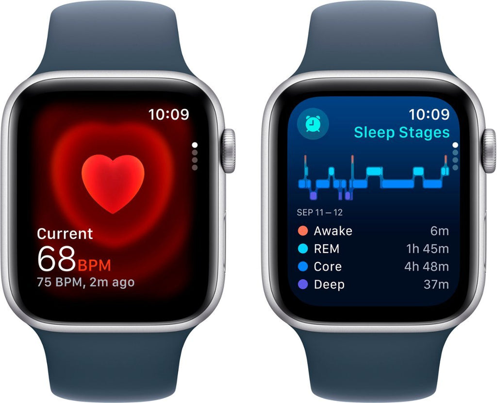 Apple Watch SE 2nd Generation (GPS + Cellular) 44mm Silver Aluminum Case with Storm Blue Sport Band S/M - MRHE3LL/A