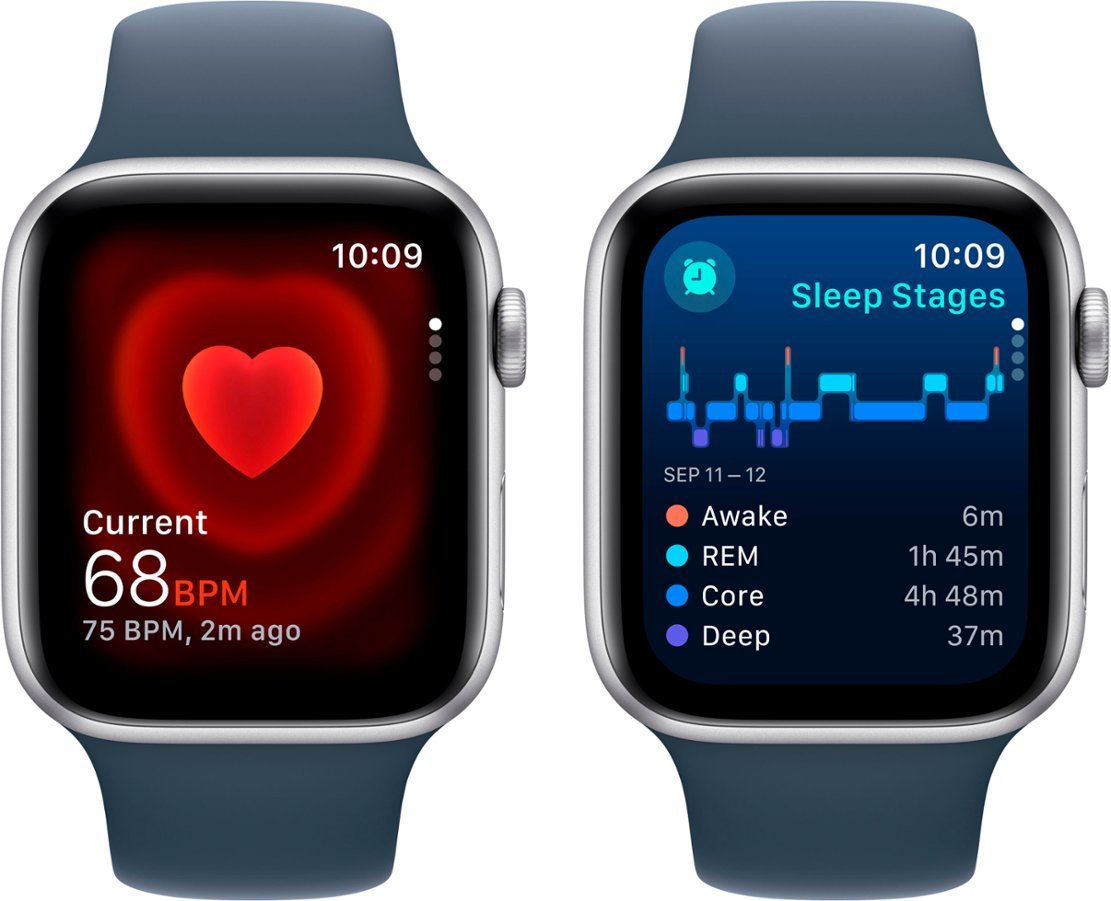 Apple Watch SE 2nd Generation (GPS + Cellular) 44mm Silver Aluminum Case with Storm Blue Sport Band S/M - MRHE3LL/A