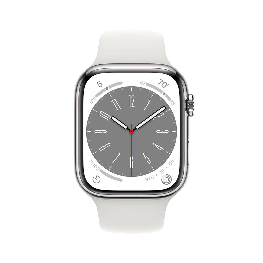 Apple Watch Series 8 GPS + Cellular 45mm Silver Stainless Steel Case with White Sport Band - M/L - MNVW3LL/A