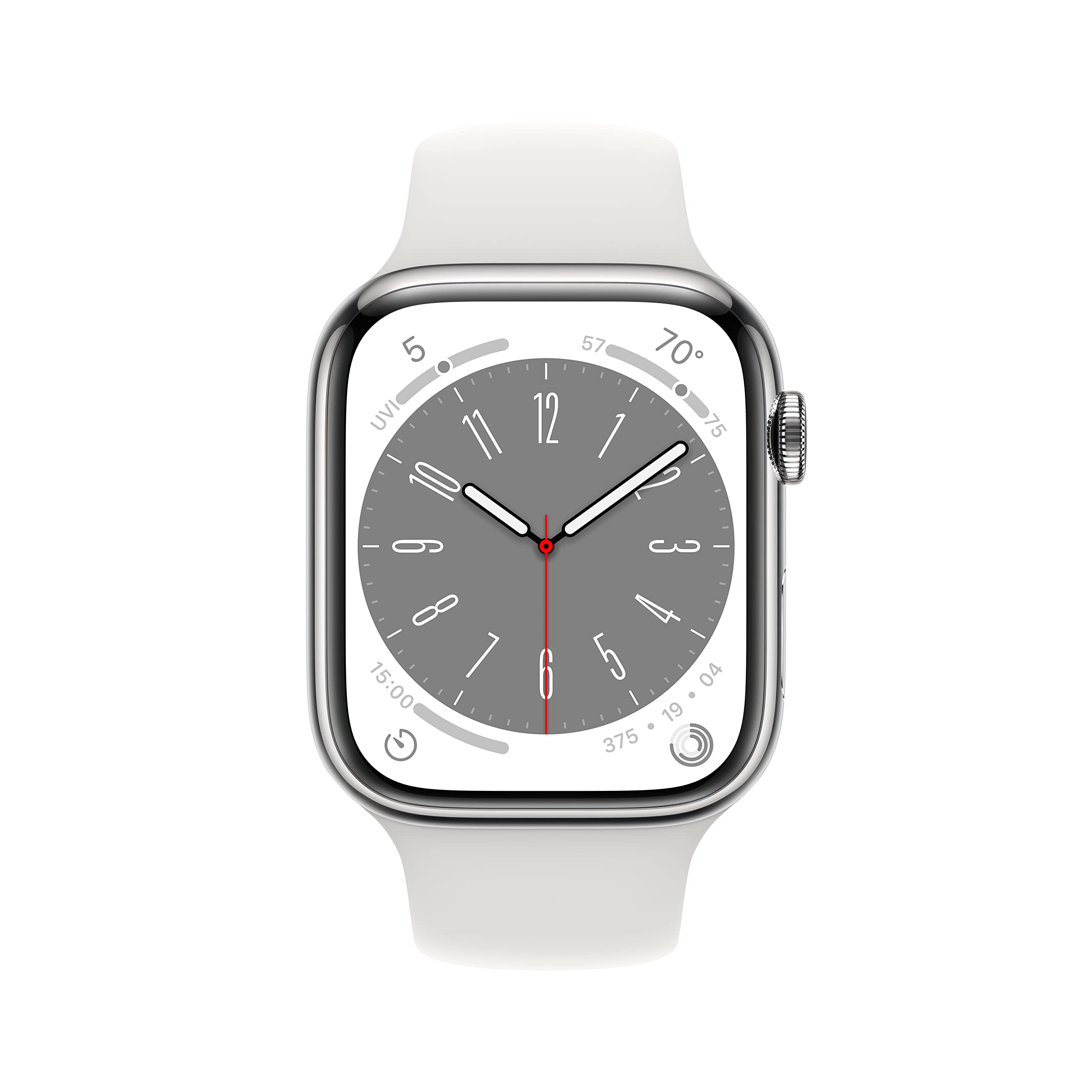 Apple Watch Series 8 GPS + Cellular 45mm Silver Stainless Steel Case with White Sport Band - M/L - MNVW3LL/A
