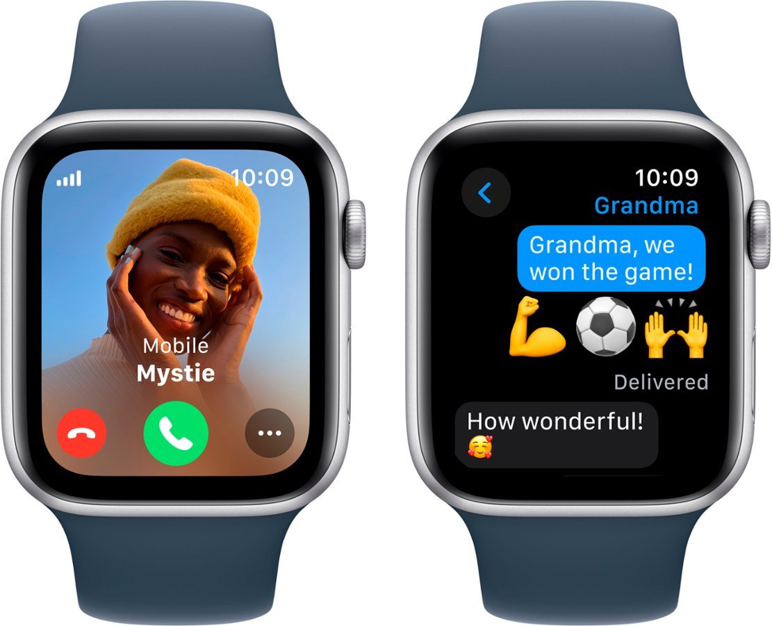 Apple Watch SE 2nd Generation (GPS + Cellular) 44mm Silver Aluminum Case with Storm Blue Sport Band S/M - MRHE3LL/A